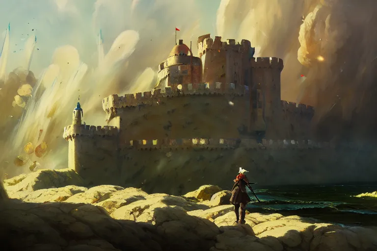 Prompt: classical oil painting of anime key visual environment concept art of naval bombardment breaching castle walls, smoke debris, grimdark steampunk fantasy, trending on artstation, brush strokes, oil, canvas, style of kawacy makoto shinkai jamie wyeth james gilleard edward hopper greg rutkowski, preserved historical