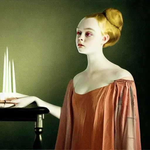 Image similar to a striking esoteric painting of Elle Fanning at a seance, dark, metal, black background, occult, by Grant Wood