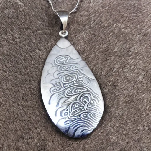 Image similar to amulet of wave inlaid in silver on a young beautiful woman neck, realistic,