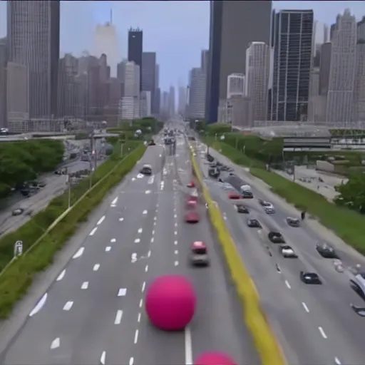 Image similar to live footage of a giant katamari rolling down chicago's lake shore drive, 4 k screen capture