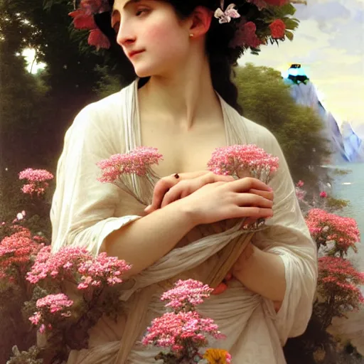 Image similar to a photograph of the most beautiful woman that has ever existed, surrounded by unique natural sightseeing accompanied by the most delicate flowers., highly detailed, digital painting, artstation, concept art, smooth, sharp focus, illustration, art by artgerm and greg rutkowski and alphonse mucha and william - adolphe bouguereau