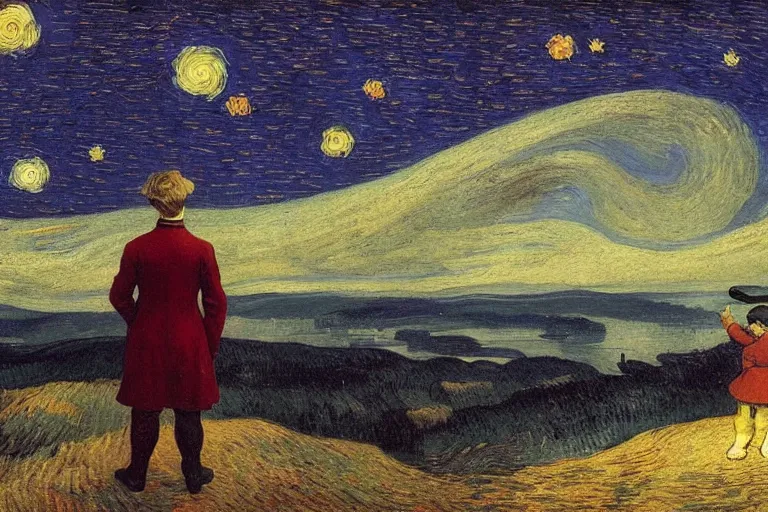 Image similar to a person looking at the night sky with stars, colorful, beautiful, national geographic, very detailed, astrophotography, oil painting, canvas, Theodor Kittelsen, Vincent van Gogh, Caspar David Friedrich