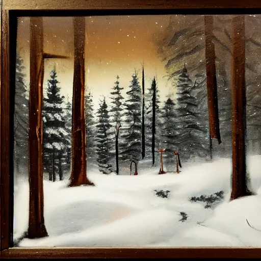Image similar to snowy forest night scene in a single wooden cabin surrounded by the woods with one illuminated window, horror dark contrast, oil painting