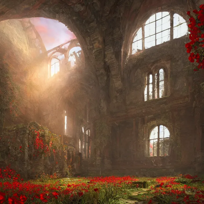 Prompt: a interior photo of a ruined church with a lot of red flowers growing inside at sunset, godrays, complementary colours, very spacious open view in unreal engine rendering, CGSociety, concept art, DeviantArt, Ferdinand Knab, beautiful, 8K,highly detailed, high quality