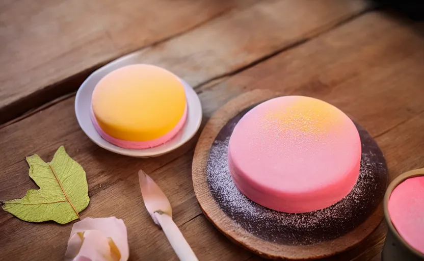 Image similar to A photo of a swedish cake from the side on a wooden table, covered with pink marzipan, some powder sugar and a marzipan leaf. Sunset. 4K. Cinematic lighting. High detail. Realistic. Delicious.