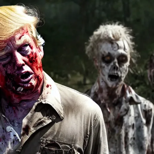 Image similar to donald trump as zombie in the walking dead. movie still. cinematic lighting