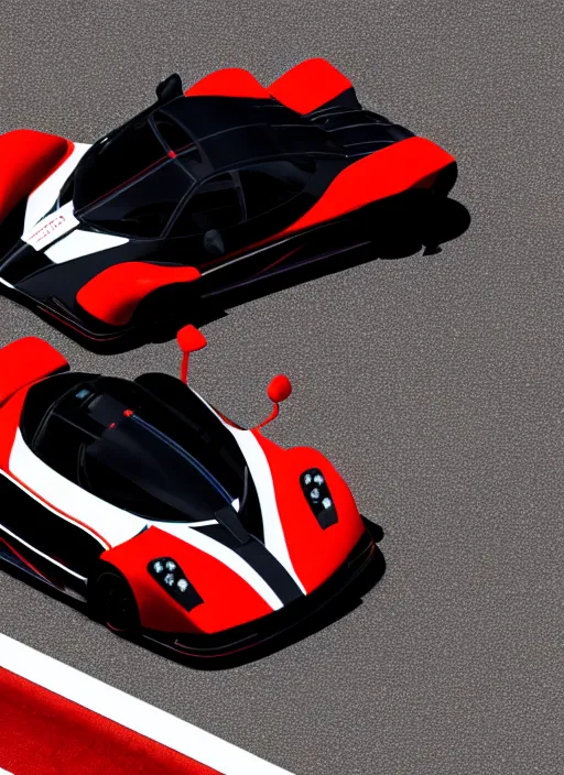 Image similar to Black with red striped Pagani Zonda R cornering on a racetrack, 3D render at 16K resolution,