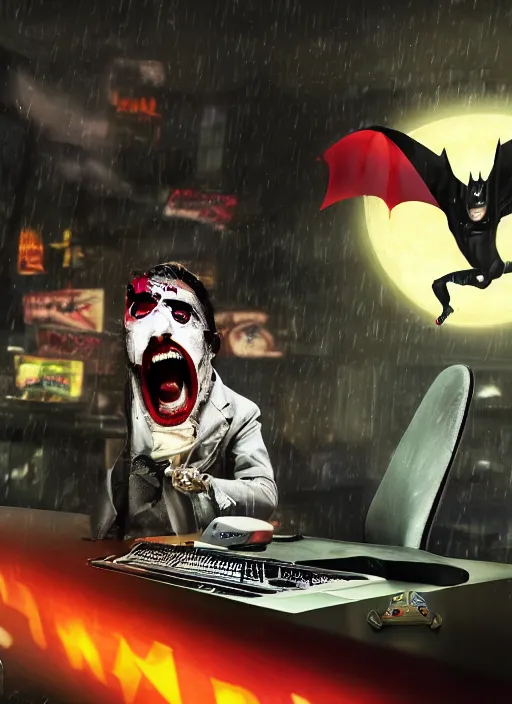 Image similar to Rat with Joker face paint sitting on gamers chair on gaming computer typing on keyboard, gaming, computer, gamers keyboard, looking sad, crying in the dark and gloom, defeating Batman, realistic, digital art, 4k, cinematic lighting, explosion in the background