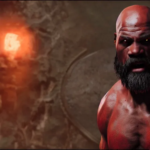 Prompt: Djimon Hounsou as kratos!!, 8k, cinematic, unreal engine
