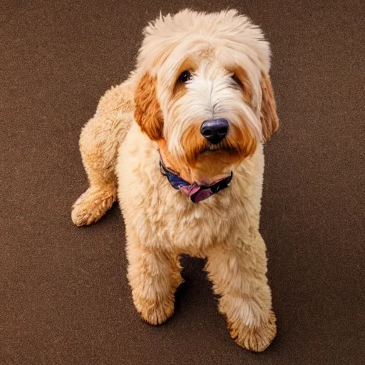 Prompt: a Goldendoodle except their body looks like greasy fried chicken, spot lighting from above, realisitc photo, f/1.4 HDR aperture, UHD studio quality