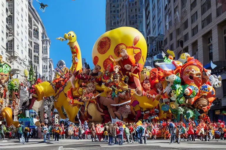 Prompt: photo of giant elaborate parade float designed by geoff darrow!!!! and ( ( ( ( ( ( rick and morty ) ) ) ) ) ), in the macys parade, detailed 4 k photo