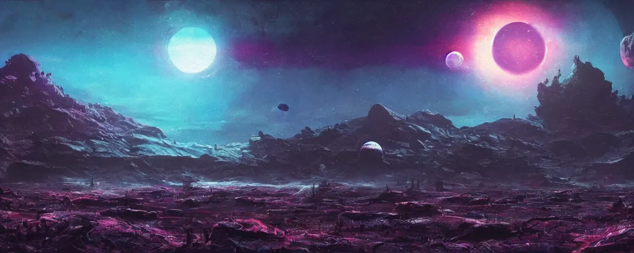 Prompt: ” outer planet landscape at pitchblack night, [ cinematic, detailed, epic, widescreen, opening, establishing, mattepainting, photorealistic, realistic textures, octane render, art by paul lehr ] ”