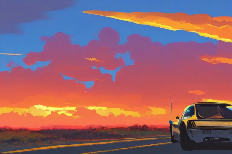 Image similar to country roadside sunset sky clouds illustration by syd mead artstation 4 k graphic novel concept art matte painting