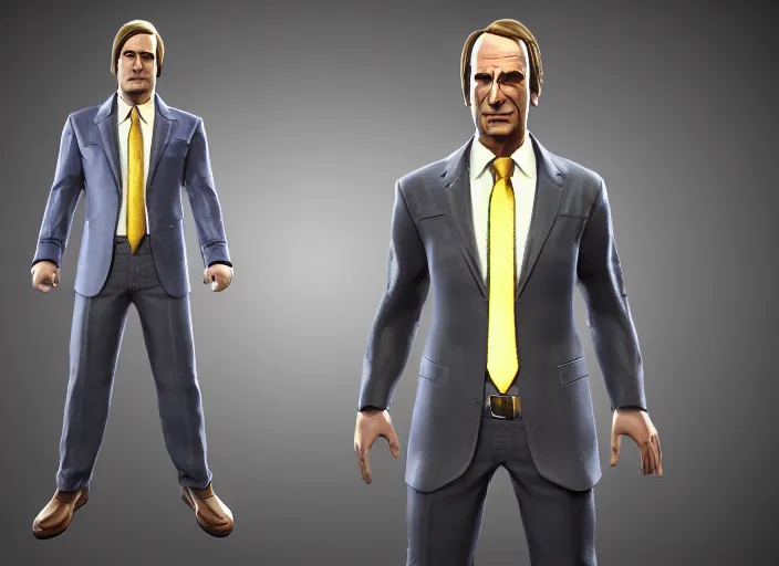 Image similar to 3 d model of saul goodman character in fighting game, stylized 3 d graphics, hdr, ultra graphics, ray tracing, 4 k image