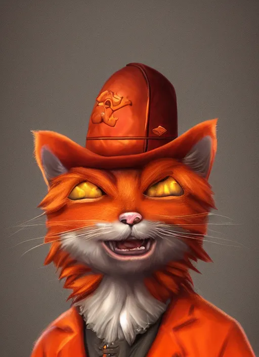 Image similar to digital art of an anthropomorphic orange cat with a red pirate coat and a tricorne hat, smug but playful, realistic, artstation, art by tyler jacobson, highly detailed, colorful, dramatic