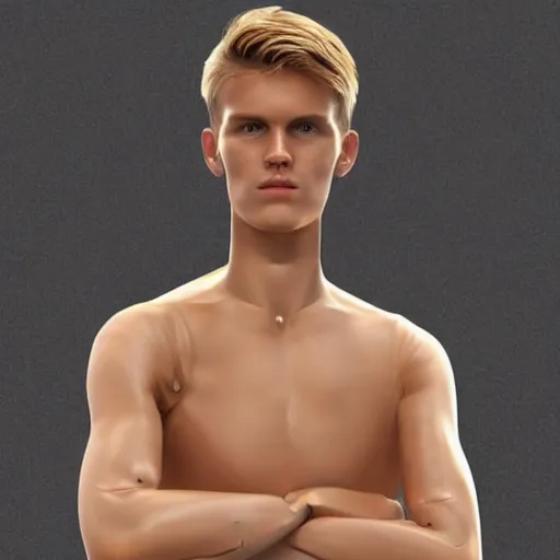 Image similar to a realistic detailed photo of a guy who is an attractive humanoid who is half robot and half humanoid, who is a male android, soccer player martin ødegaard, shiny skin, posing like a statue, blank stare, in a living room, on display, showing off his muscles