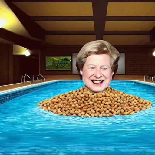 Image similar to photorealistic of the leader of the united kingdom swimming in a pool of beans