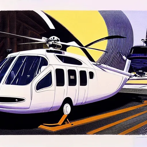 Image similar to concept art for helicopter + bus, painted by syd mead, high quality