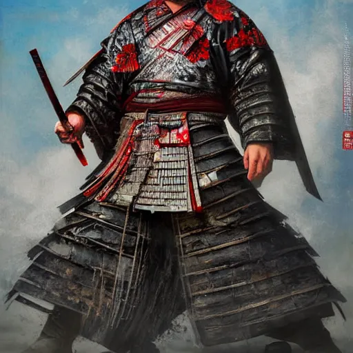 Prompt: UHD hyperrealism photo of Jim Belushi as a samurai warrior, by Antonio Caparo and Todd McFarlane and Greg Rutkowski, UHD, photorealistic correct face, realistic