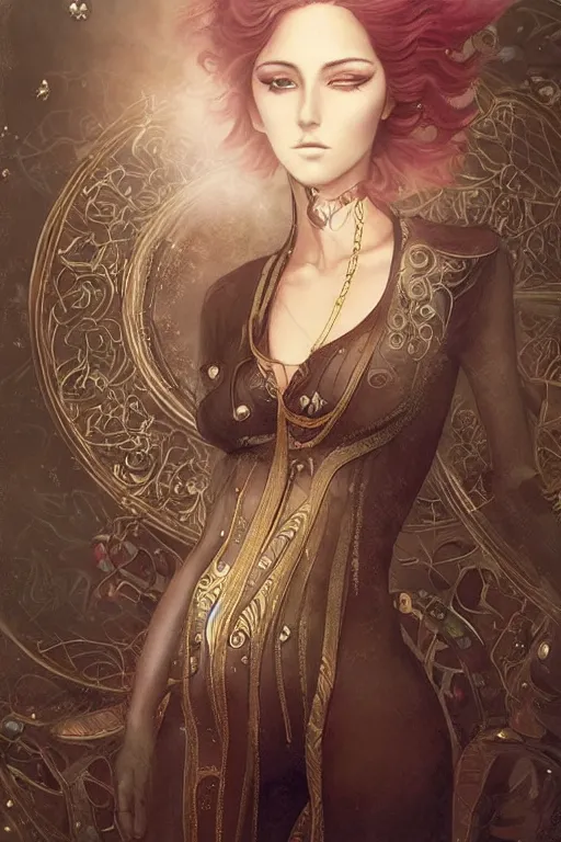 Prompt: beautigful girl, ghibli tom bagshaw, curiosities carnival, anime soft paint of a single beautiful female full very tight long metallic suit ornate, accurate features, focus, very intricate ultra fine details