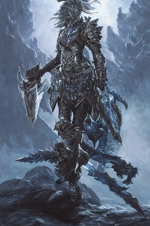 Image similar to Fantasy knight wearing an intricate azure wolf themed full plated armor, moonlit, HD, illustration, epic, D&D, fantasy, intricate, elegant, highly detailed, digital painting, artstation, concept art, smooth, sharp focus, illustration, art by artgerm and greg rutkowski and alphonse mucha, monster hunter illustrations art book
