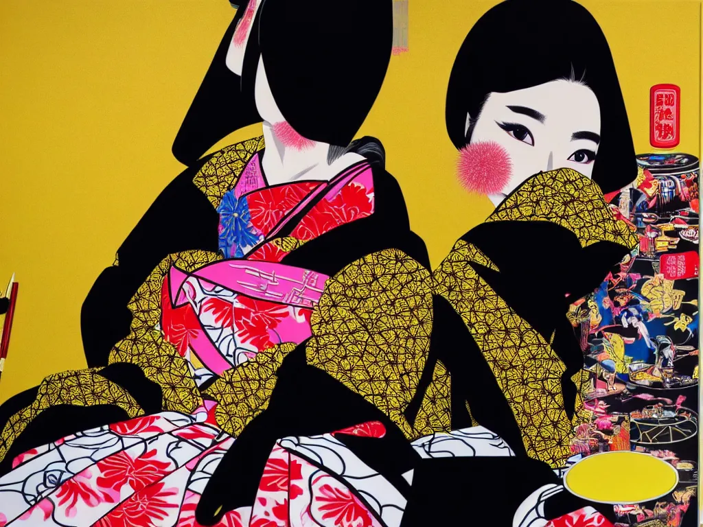 Image similar to hyperrealistic composition of the detailed woman in a japanese kimono sitting at a extremely detailed black jack table with golden darth vader, fireworks, mountain fuji on the background, pop - art style, jacky tsai style, andy warhol style, acrylic on canvas