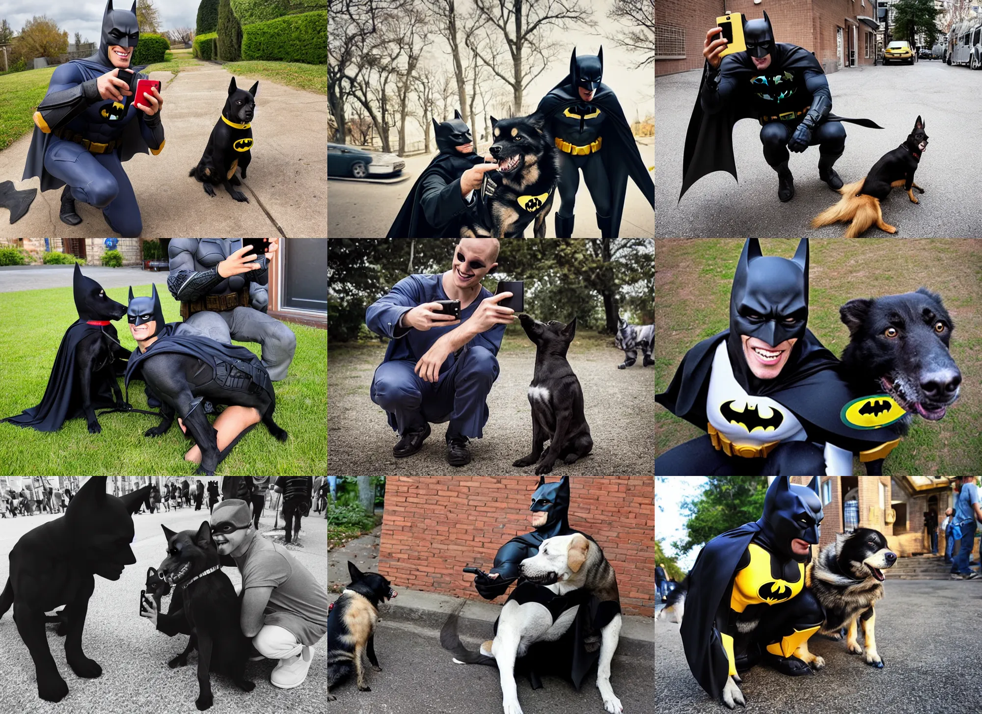 Prompt: Photography, Batman taking a selfie with Dog, big smile