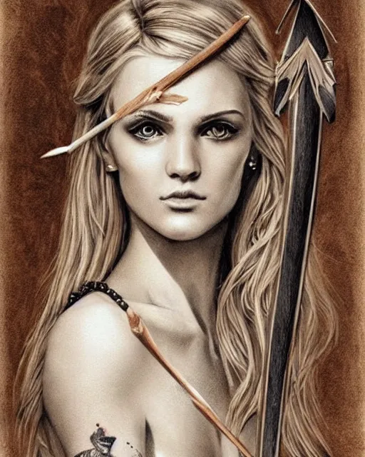 Image similar to tattoo sketch of beautiful greek goddess aphrodite holding a bow and arrow, arrowhead earrings, beautiful piercing eyes, flowing blonde hair, realistic face, hyper realistic, in the style of greg rutkowski, fantasy, amazing detail, epic, intricate, elegant, smooth, sharp focus