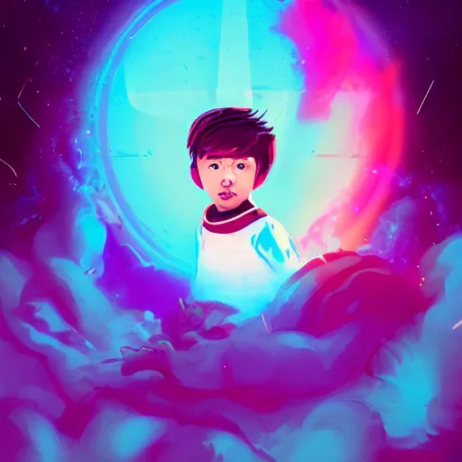 Prompt: a stylized portrait of a young boy as an astronaut with a ray-gun, stylized, arcane magic, magenta and turquoise vapor, vaporwave, vivid color, lens flare, volumetric light from above, background by liam wong, art by raymond swanland + marc simonetti + greg rutkowski + harumi hironaka