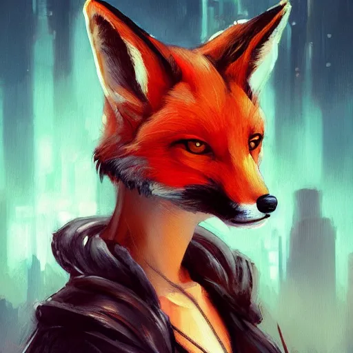 Image similar to midjourney :: a painting of a woman with a fox on her head, cyberpunk art by Sam Spratt, featured on Artstation, furry art, darksynth, artstation hd, 2d game art