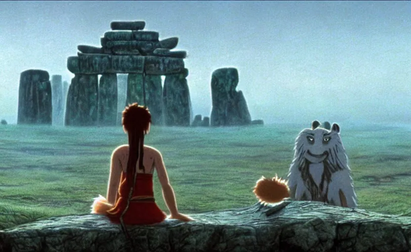 Image similar to movie still from princess mononoke ( 1 9 9 7 ) showing a highly detailed landscape with a giant long - haired buddha in lotus position with stonehenge in the background. 1 9 8 0 s science fiction, 1 9 7 0 s science fiction, cyberpunk, moody, misty, depth perception, 4 k, artstation