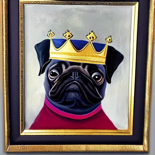 Image similar to regal pug in kings clothing and crown, oil painting, framed
