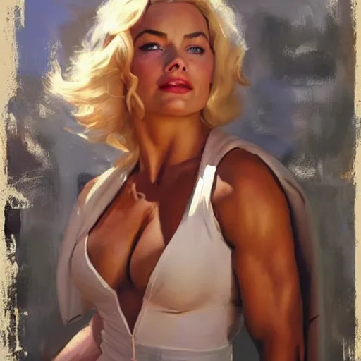 Image similar to greg manchess portrait painting of margot robbie as beautiful thick female bodybuilder zarya from overwatch, medium shot, asymmetrical, profile picture, organic painting, sunny day, matte painting, bold shapes, hard edges, street art, trending on artstation, by huang guangjian and gil elvgren and sachin teng