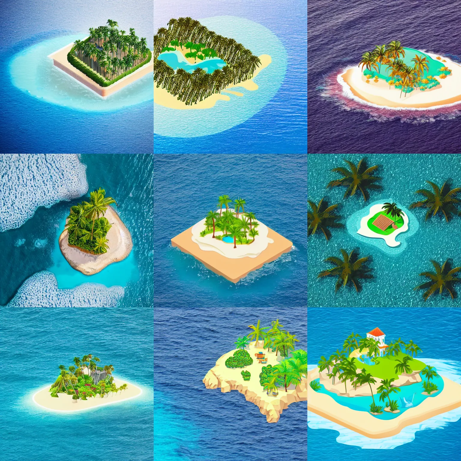 Prompt: close up view of isometric island in the ocean with one palm tree