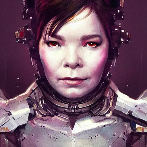 Image similar to bjork as a cyborg, fantasy, portrait, highly detailed, digital painting, trending on artstation, concept art, sharp focus, illustration, art by artgerm and greg rutkowski and magali villeneuv