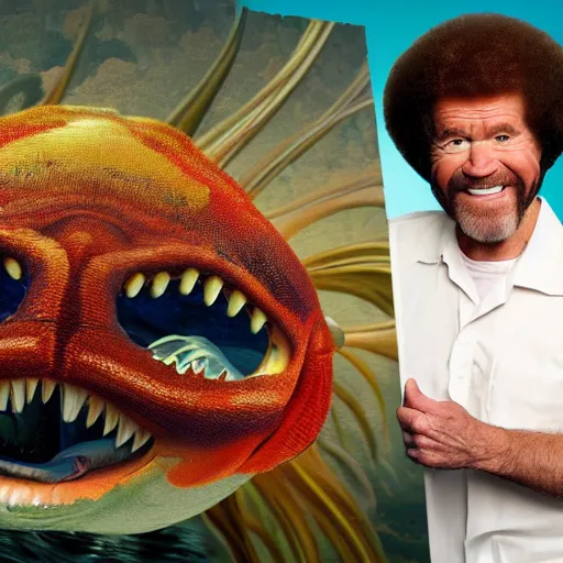 Image similar to Bob Ross as a piranha, cinematic, photography, high resolution 8k,