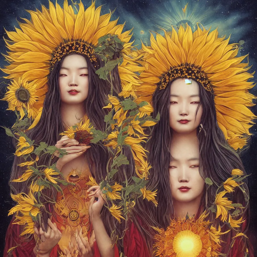 Image similar to The Chinese goddess of sunflower, who has a glowing third-eye and an helianthus-shaped golden crown, and presides over the rays of the sun with her sacred vision, by Anato Finnstark, Tom Bagshaw, Brom