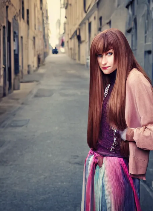 Prompt: color realistic portrait of a beautiful, stylish, 30-year-old French woman street background, with long, straight hair, street portrait in the style of Mario Testino 50mm