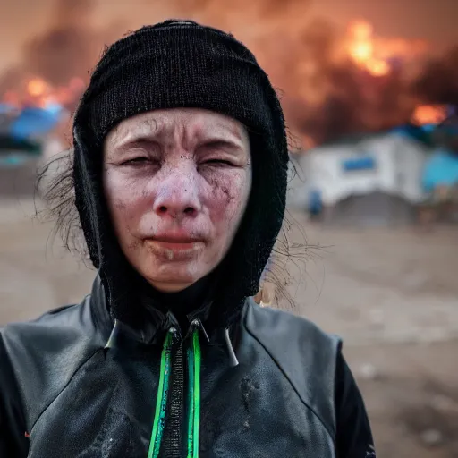 Image similar to photographic portrait of a poor techwear woman holding back tears, a futuristic shanty town burns in the background, closeup, sigma 85mm f/1.4, 4k, depth of field, high resolution, 4k, 8k, hd, full color