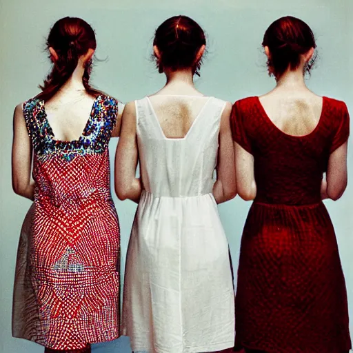 Prompt: 3 sisters look into the mirror, beautiful and free, white and red dresses, wealthy women, fashion, Chuck close