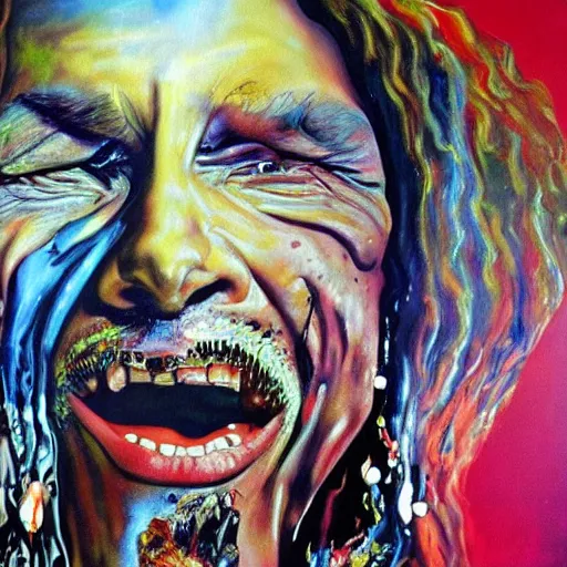Prompt: painting of Steven Tyler melting, painted by Salvador Dali, high detail