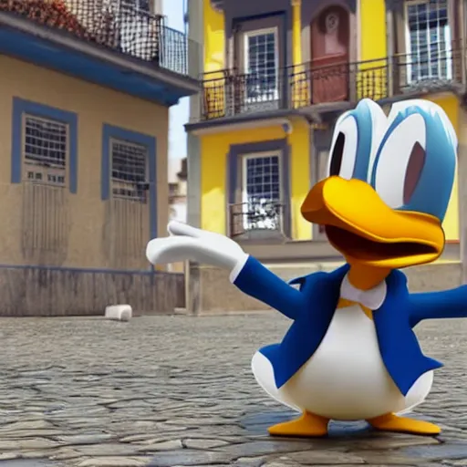 Image similar to donald duck in porto, real life, photorealistic, 3 d