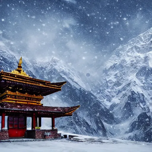 Image similar to snowy peaks, himalayas, buddhist temple, stunning, extraordinary, blizzard, mystical, made in abyss style