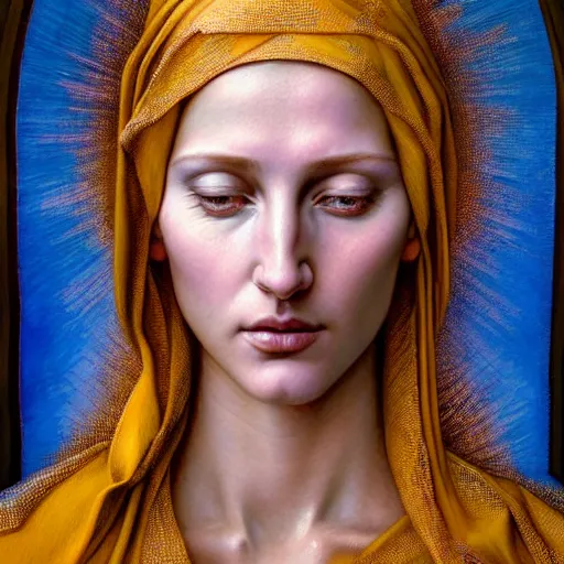 Image similar to hyperrealistic mixed media painting of beautiful Virgin Mary, stunning 3d render inspired art by P. Craig Russell and Barry Windsor-Smith, perfect facial symmetry, dim volumetric lighting, full full full full face face face face face 8k octane beautifully detailed render, headpiece headpiece headpiece, post-processing, portrait, extremely hyper-detailed, intricate, epic composition, brown brown brown eyes eyes eyes eyes, realistic realistic realistic eyes, cinematic lighting, masterpiece, trending on artstation, detailed detailed detailed, masterpiece, stunning