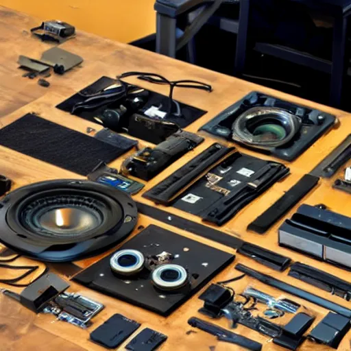 Image similar to a speaker taken apart and all its parts laid out neatly on a table