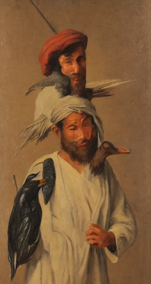 Image similar to orientalist portrait painting of a fisherman with a cormorant on his shoulder, in romantic style, sfumato