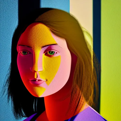 Image similar to un ultra high definition contemporary photographic portrait of a fictional female fine artist named oxoxoxox oxoxox standing outside her home. she is renowned for her use of bright colours and thick geometric patterns. three point light. golden hour, golden ratio, ray tracing, volumetric light and shadow, shallow depth of field.