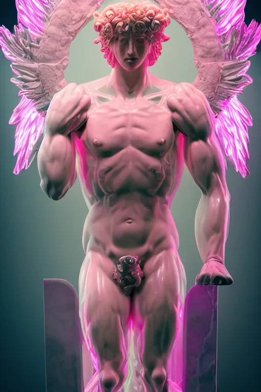 Prompt: photo of fullbody rococo and cyberpunk delicate neon pink sculpture of a hulking herculean muscular onyx albino marble jesus christ as an iridescent humanoid deity, angelic halo, wings, crown of thorns, cinematic lighting, photorealistic, octane render, 8 k, depth of field, 3 d