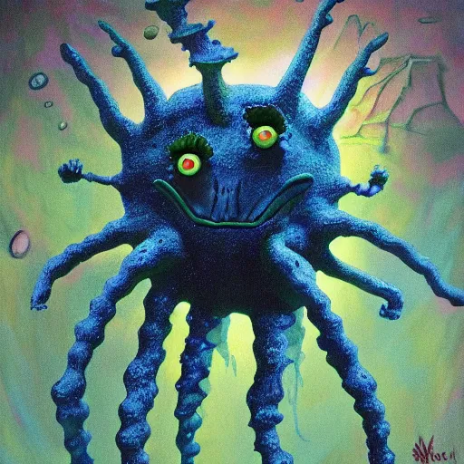 Image similar to painting of alien sponge creature that looks like spongebob, in the style of wayne barlowe