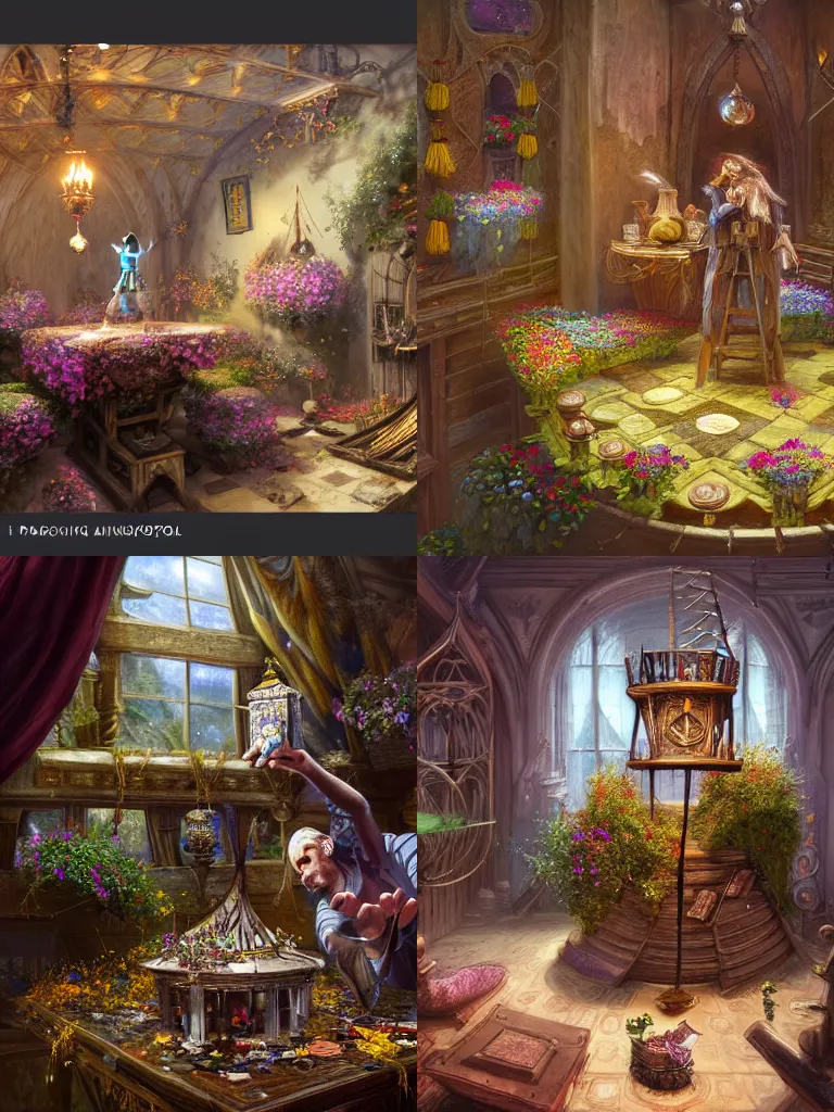Prompt: an magician praticing in his tower. table full of magical artifacts. weeds and flowers growing on the floor and roof. intricate, elegant, highly detailed, digital painting, artstation, concept art, sharp focus, illustration, by justin gerard and artgerm, 8 k